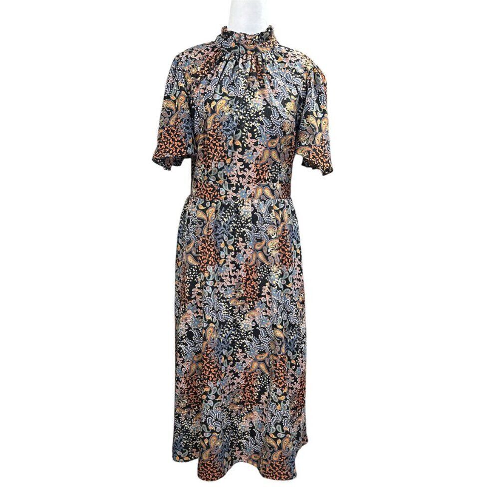 Julia Jordan Flutter Sleeve Ruffle Mock Neck Floral Paisley Midi Dress Size 16